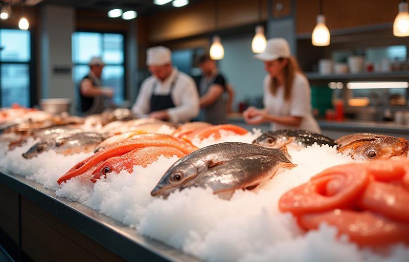 Inside a clean, bustling fish market with various seafood on display and staff serving customers.